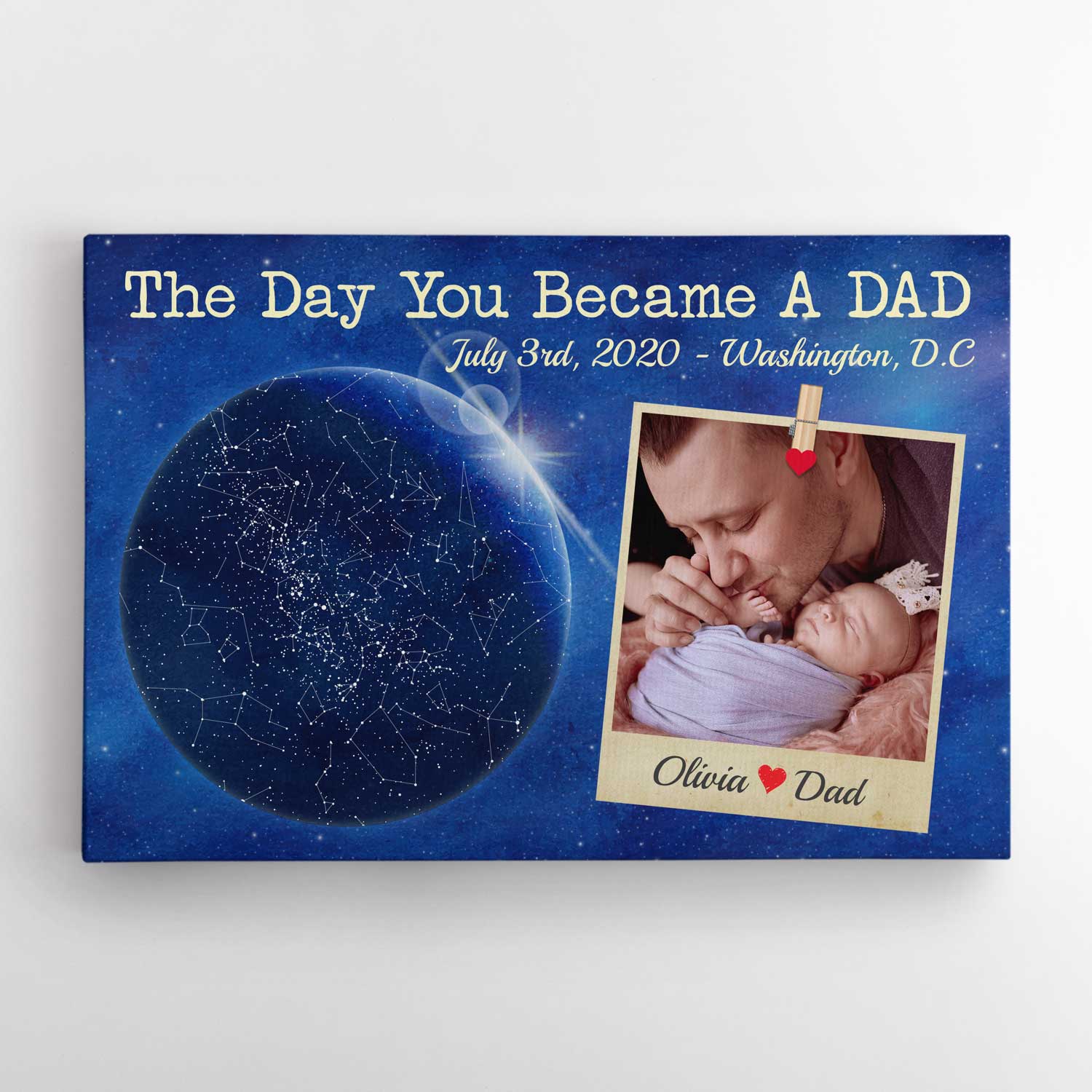 PresentsPrints, The Day You Became A Dad, Custom Star Map, Personalized Photo And Text Canvas Wall Art